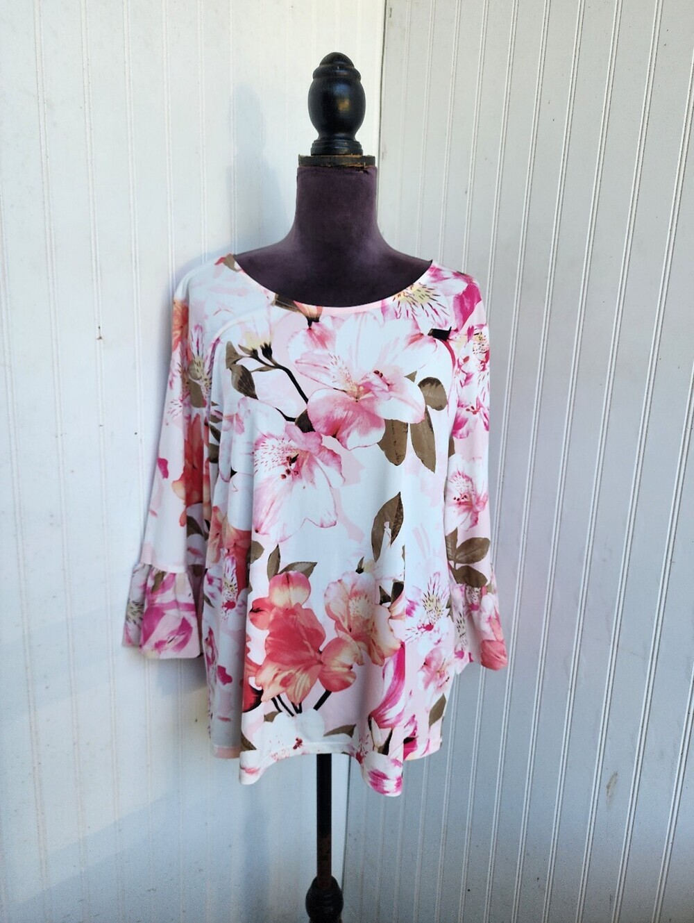 Calvin Klein White Pink Floral Rose Bell Flare Sleeve Women's Blouse Stretch XL - Picture 2 of 12